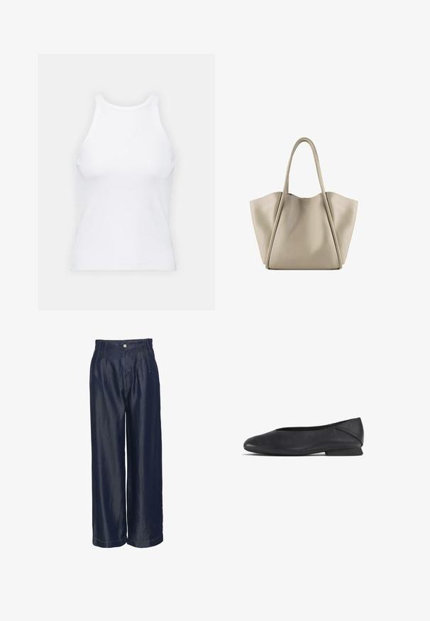 Bílý bezrukávový top vyrobený z ribbed látky, s kulatým výstřihem a přiléhavým střihem, s minimem švů a bez ozdob.; Dámské kalhoty širokého střihu v námořnické modři, s vysokým pasem, předními záhyby a zlatými stehy, hladkým povrchem a zapínáním na knoflík.; Černé kožené ploché boty s kulatou špičkou a nízkým podpatkem, navržené pro neformální i formální nošení.; Krémová kožená taška přes rameno se prostorným a strukturovaným designem. Obsahuje dvě dlouhé uchopovací rukojeti a jemné švy; bez viditelných kovových prvků.