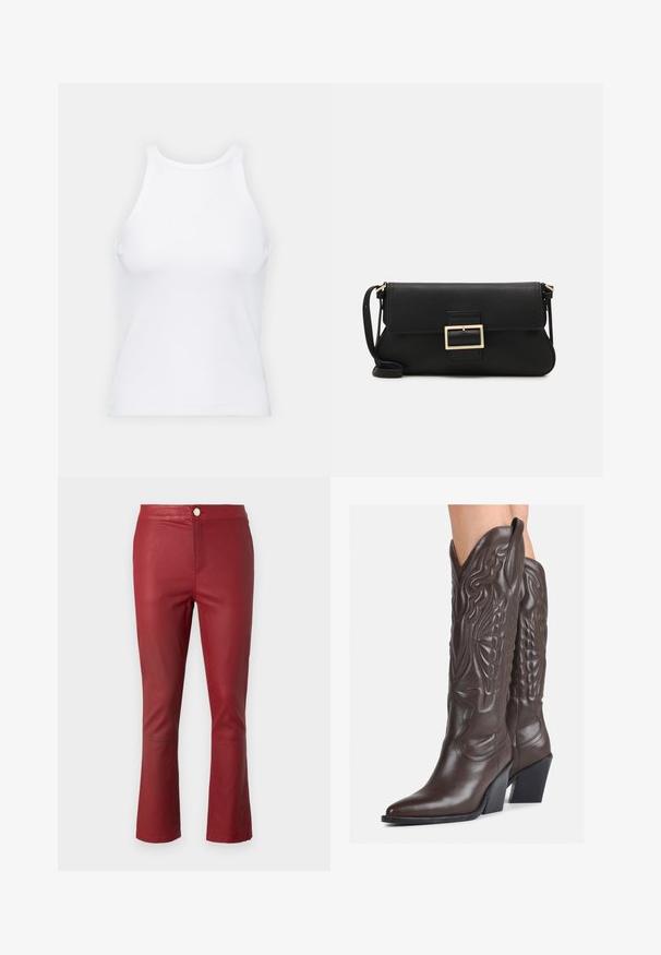 Balta bezpiedurkņu topiņš no ribotā auduma, ar noapaļotu kakla izgriezumu un pieguļošu siluetu, ar minimālām šuvēm un bez rotājumiem.; Sarkani ādas bikses ar pieguļošu dizainu, vidēji augstu jostas vietu un izsistām piedurknēm. Aprīkotas ar priekšējo pogu aizdari un gludu tekstūru.; Brūni ādas kovboju zābaki ar norādītu purngalu un blokveida papēdi, ar detalizētu šūšanu un paceltiem akcentiem uz kājas daļas.; Melnas ādas saķeres soma ar atloku un zelta metāla sprādzi. Ietver melnu siksnu un elegantu, minimālistisku dizainu.; Sudraba gredzenveida auskari ar savītu dizainu, kas ir ar pulētu apdari un ar aizmugurēju fiksāciju. Izmērs ir aptuveni 3 cm diametrā.