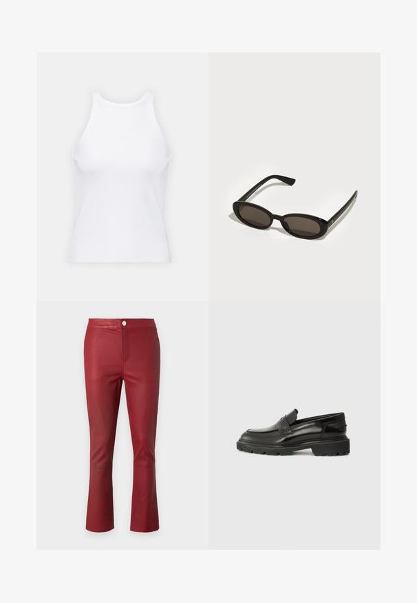 Valge ilma varrukateta T-särk, mis on valmistatud ribakangast, ümarate kaelustega ja kitseneva siluetiga, minimaalse õmbluste ning ilma kaunistusteta.; Punased nahkpüksid, millel on voogav disain, keskmise tõusuga vöökoht ja laiendatud varrukad. Omab esist nuppude sulgemist ja siledat tekstuuri.; Mustad musta nahast libistatavad kingad ümarate varvastega, paksu tekstuuriga tallaga ja peene õmbluse detailiga. Tagaküljel on väike logo.; Mustad prillid ovaalsete, poolräänideta objektiividega. Läikivad raamid ja sirged varred. Tumeda varjundiga objektiivid, millel on minimaalne riistvara detailide hulk.; Musta pehmeast nahast õlavarre kott, millel on reguleeritav õhuke rihm, kogutud küljed, mis on seotud sõlmedega, ja väike kuldne logo esipinna alumises paremas nurgas.