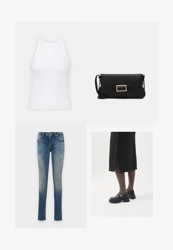 Fehér ujjatlan trikó ribbed anyagból, lekerekített nyakkivágással és testhez simuló siluettel, minimális varrásokkal és díszítések nélkül.; Karcsú kék farmernadrág, elhalványult mosással, standard öt zsebes kialakítással, gombos záródással és övbújtatókkal.; Fekete bőr cipők lekerekített orral, vastag blokk sarkakkal és elasztikus oldalsó díszítésekkel, sötét harisnyával és hasítékkal ellátott fekete szoknyával párosítva.; Fekete bőr kézitáska hajtóka részlettel és aranyszínű fém csattal. Tartalmaz egy fekete pántot és egy letisztult, minimális dizájnt.