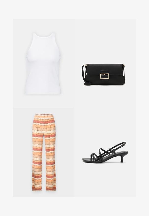 Top senza maniche bianco realizzato in tessuto a coste, caratterizzato da un collo arrotondato e una silhouette aderente, con cuciture minime e senza decorazioni.; Pantaloni a gamba larga con un motivo zigzag testurizzato nei colori arancione, beige e crema. Fusciacca elastica per comfort e vestibilità.; Sandali neri con tacco alto e molteplici cinturini incrociati. Materiale liscio, punta appuntita e tacco sottile. Cinturino alla caviglia regolabile con fibbia.; Borsa a mano in pelle nera con patta e dettaglio in metallo dorato. Include una tracolla nera e un design elegante e minimalista.; Orecchini a cerchio in argento con un design torciglionato, caratterizzati da una finitura lucida e chiusura a perno. Misurano circa 3 cm di diametro.