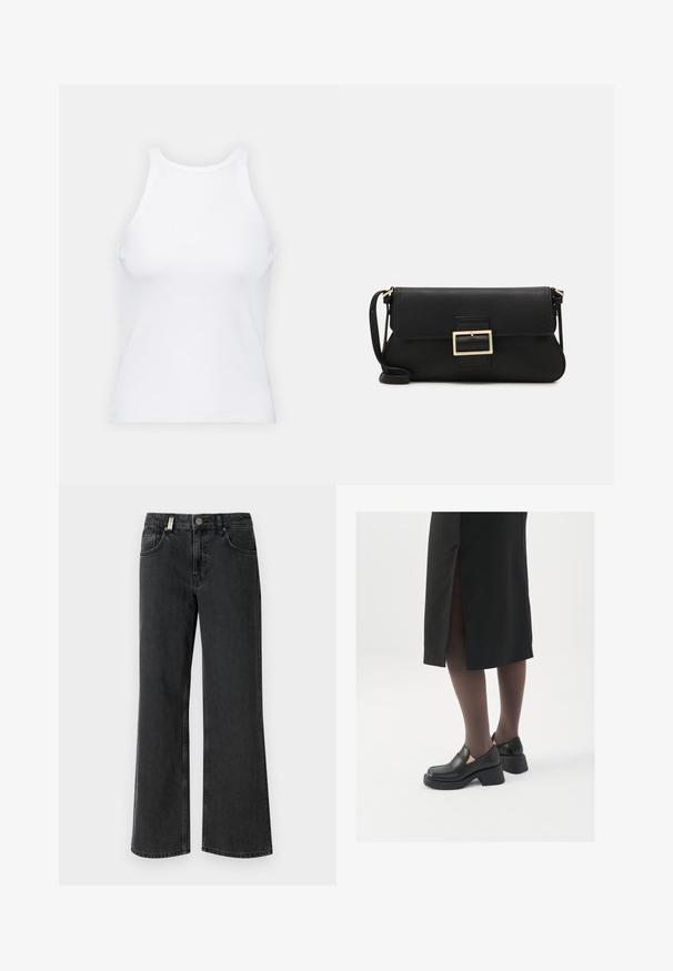 White sleeveless tank top made of ribbed fabric, featuring a rounded neckline and a fitted silhouette, with minimal seams and no embellishments.; Black denim wide-leg jeans featuring a mid-rise waist, two front pockets, and contrasting stitching on a smooth fabric texture.; Black leather shoes with a rounded toe, thick block heel, and elastic side accents, paired with dark tights and a black skirt with a slit.; Black leather clutch bag with a flap and a gold metal buckle detail. Includes a black strap and a sleek, minimalist design.; Silver hoop earrings with a minimalist design. Circular shape, smooth texture, and thin profile. Lightweight with a polished finish.