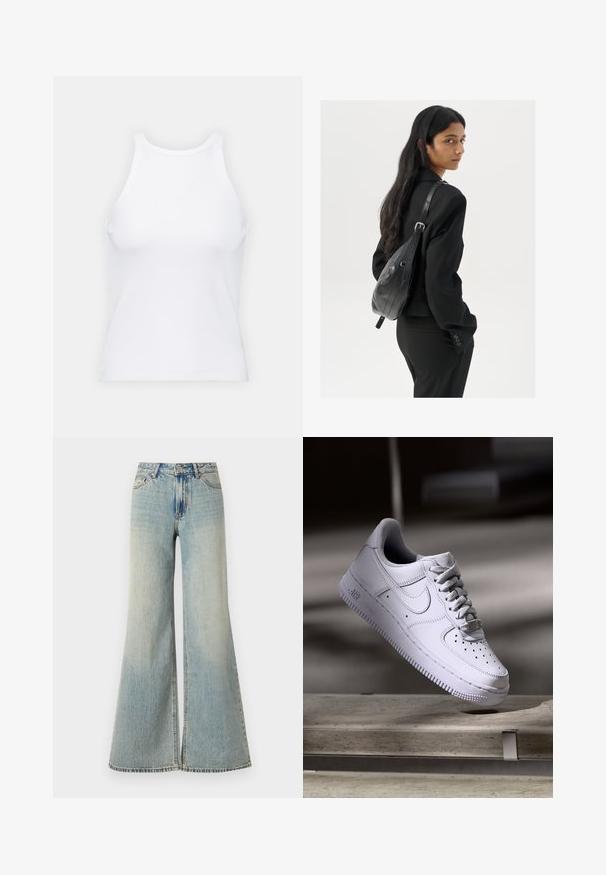 Bela brezrokavna majica iz rebraste tkanine, z zaobljenim izrezom in prilegajočim silhueto, z minimalnimi šivi in brez okraskov.; Svijetloplave široke traperice s visokim strukom, s izblijedjelim finišem, prednjim džepovima i suptilnim rasporom na dnu nogavica.; Nike Sportswear AIR FORCE 1 07 - Športni copati - white; Ženska z dolgimi temnimi lasmi, oblečena v črn kostim, nosi črno usnjeno torbo čez ramo in se ozira čez ramo proti beli podlagi.