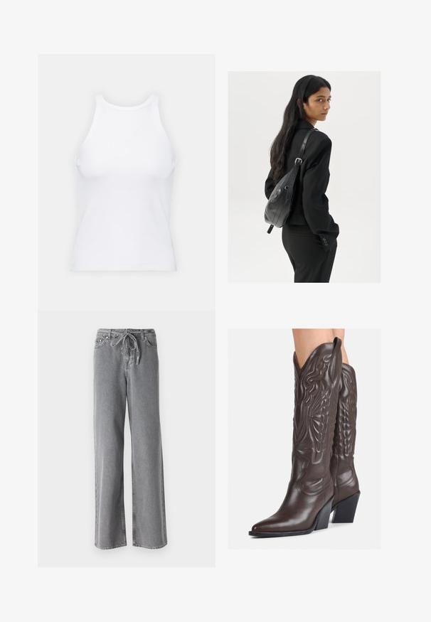 Top senza maniche bianco realizzato in tessuto a coste, caratterizzato da un collo arrotondato e una silhouette aderente, con cuciture minime e senza decorazioni.; Jeans larghi grigi in denim, con cintura regolabile e due tasche frontali. La texture è morbida, con una finitura leggermente sbiadita.; Stivali da cowboy in pelle marrone con punta affusolata e tacco a blocco, caratterizzati da dettagliati ricami e accenti rialzati sul gambale.; Donna con lunghi capelli scuri, vestita con un completo nero, che porta una borsa a tracolla in pelle nera, mentre guarda oltre la spalla su uno sfondo bianco.