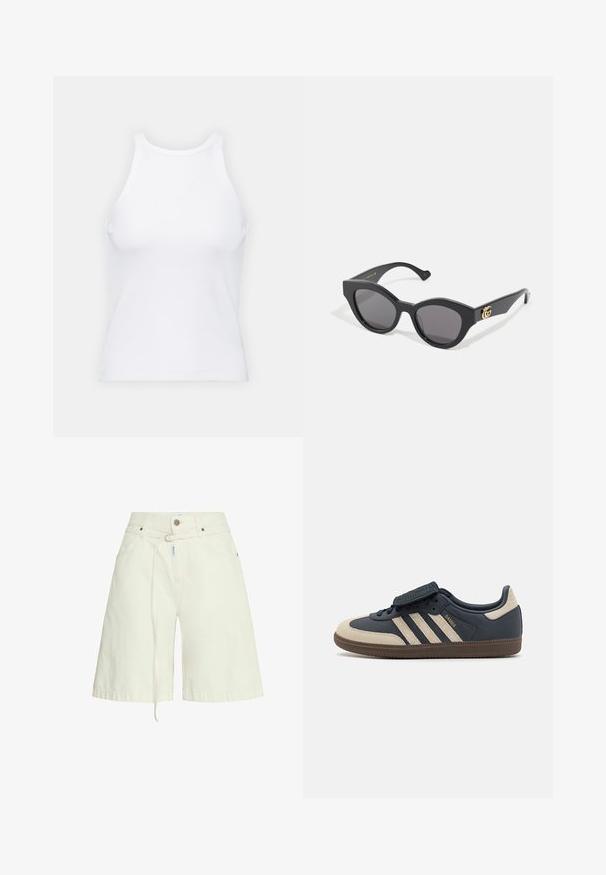 Valge ilma varrukateta T-särk, mis on valmistatud ribakangast, ümarate kaelustega ja kitseneva siluetiga, minimaalse õmbluste ning ilma kaunistusteta.; Heledadbeez denimsid shortsid lõdva lõikega, vöökohaga, ees taskutega ja nööriga detailiga vöös. Sile tekstuur.; Tumes nahk-sneakerid kreemjate detailidega, külgedel kolm triipu, ümmargune varvas ja tekstureeritud pruun kummitald. Ülemisel osal on Velcro klapp.; Mustad musterninäosadega mustad päikeseprillid, millel on tume sääseprillide klaas. Kuldne logo aksent templis. Sile plastist raam.