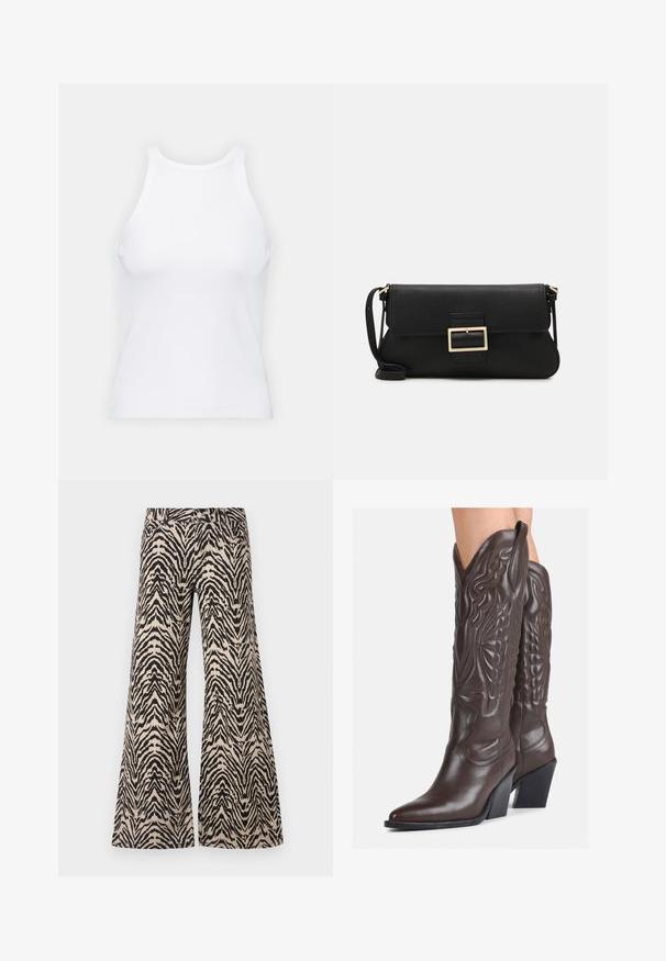 Balta bezpiedurkņu topiņš no ribotā auduma, ar noapaļotu kakla izgriezumu un pieguļošu siluetu, ar minimālām šuvēm un bez rotājumiem.; Platām kājām bikses, kas izgatavotas no auduma ar bēša un melna zebras rakstu, ar augstu jostasvietu un tradicionālo piecu kabatu dizainu.; Brūni ādas kovboju zābaki ar norādītu purngalu un blokveida papēdi, ar detalizētu šūšanu un paceltiem akcentiem uz kājas daļas.; Melnas ādas saķeres soma ar atloku un zelta metāla sprādzi. Ietver melnu siksnu un elegantu, minimālistisku dizainu.; Sudraba gredzenveida auskari ar savītu dizainu, kas ir ar pulētu apdari un ar aizmugurēju fiksāciju. Izmērs ir aptuveni 3 cm diametrā.