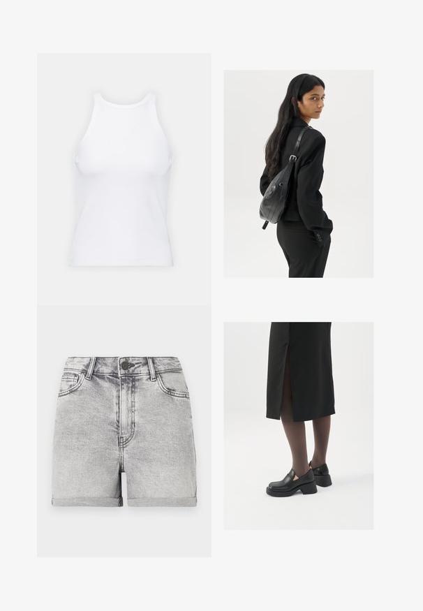 Bela brezrokavna majica iz rebraste tkanine, z zaobljenim izrezom in prilegajočim silhueto, z minimalnimi šivi in brez okraskov.; Sive jeans kratke hlače z zavihanimi robovi, zasnova s petimi žepi in osrednjim gumbom za zapiranje. Gladka tekstura s subtilnimi madeži zbledenja.; Črne usnjene čevlje s zaobljenim prstom, debelim blokastim petama in elastičnimi stranskimi detajli, v kombinaciji s temno nogavicami in črno krilo z razporkom.; Ženska z dolgimi temnimi lasmi, oblečena v črn kostim, nosi črno usnjeno torbo čez ramo in se ozira čez ramo proti beli podlagi.