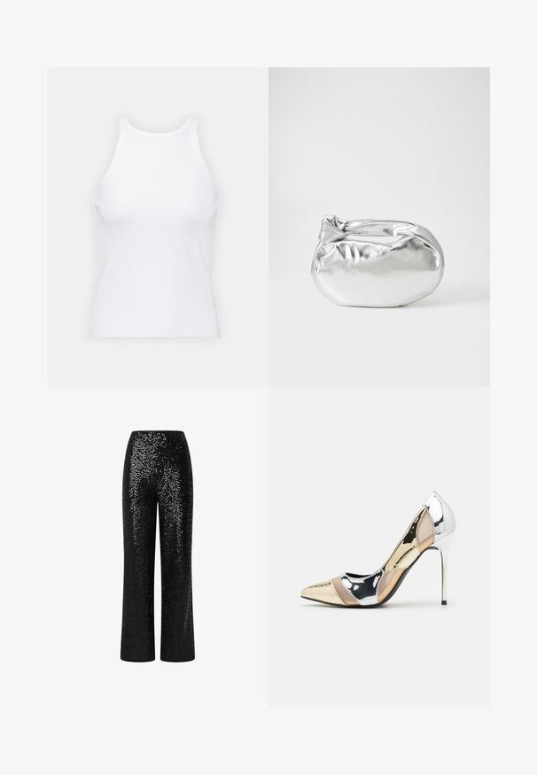 Baltas be rankovių marškinėlis, pagamintas iš išklotinės medžiagos, su apvaliu iškirpimu ir prigludusia siluetu, minimaliais siūlais ir be dekoracijų.; Juodos blizgančios kelnės tiesiu sijonu, su lygiu juosmeniu ir atspindinčia tekstūra, sukuriant blizgantį efektą.; Aštrus pirštas aukštakulnis batelis su sidabro, aukso ir nuogų spalvų deriniu. Blizgus paviršius su išpjovos dizainu, su stiletto kulnu.; Sidabrinė metalinė maišelio forma su švelnia, apvalia forma ir mazgu užveriamu viršumi. Pagaminta iš lygios dirbtinės odos medžiagos.; Sidabriniai auskarai žiedai su sukto dizaino, turintys poliruotą apdailą ir fiksavimo smeigtuką. Skersmuo maždaug 3 cm.