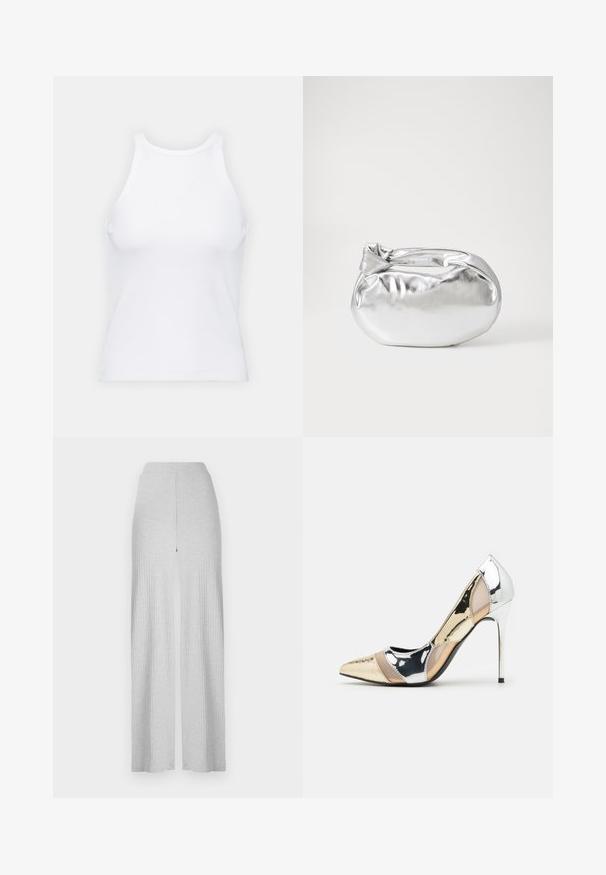 Witte mouwloze tanktop van ribstof, met een ronde halslijn en een aansluitende pasvorm, met minimale naden en zonder versieringen.; Lichtgrijze geribbelde wijde broek met een hoge tailleband en een split aan de voorkant. Gemaakt van een zachte stof met een gladde textuur.; Puntige hoge hak schoenen met een zilver, goud en nude kleurenschema. Glanzende afwerking met uitsnijdingen en een stiletto hak.; Zilveren metalen pouch bag met een zachte, afgeronde vorm en een geknoopte sluiting aan de bovenkant. Gemaakt van soepel faux leren materiaal.; Zilveren hoepel oorbellen met een minimalistisch ontwerp. Cirkelvormig, gladde textuur en dun profiel. Lichtgewicht met een gepolijste afwerking.