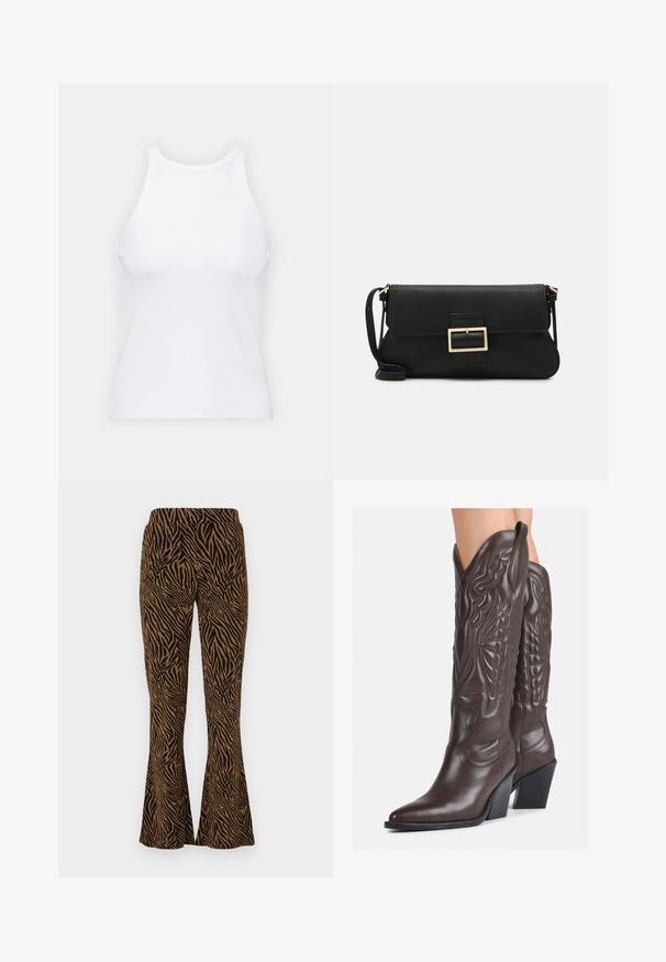 Balta bezpiedurkņu topiņš no ribotā auduma, ar noapaļotu kakla izgriezumu un pieguļošu siluetu, ar minimālām šuvēm un bez rotājumiem.; Izliekta bikses melnā un zeltainā zebra rakstā, izgatavotas no teksturētas auduma. Tām ir elastīga josta, un tās izstiepjas līdz potītei.; Brūni ādas kovboju zābaki ar norādītu purngalu un blokveida papēdi, ar detalizētu šūšanu un paceltiem akcentiem uz kājas daļas.; Melnas ādas saķeres soma ar atloku un zelta metāla sprādzi. Ietver melnu siksnu un elegantu, minimālistisku dizainu.