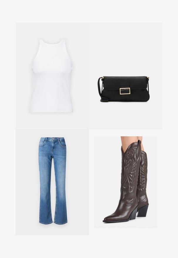 Top alb fără mâneci, confecționat din material ribbed, prezentând un decolteu rotund și o siluetă ajustată, cu cusături minime și fără ornamente.; Jeans evazați de culoare albastru deschis, cu talie înaltă, cinci buzunare și decolorare subtilă. Fabricate din denim cu cusături expuse și închidere cu nasture.; Bocanci de cowboy din piele maro, cu vârf ascuțit și toc pătrat, având cusături detaliate și accente ridicate pe tijă.; Geantă de mână din piele neagră, cu clapetă și un detaliu din metal auriu. Include o curea neagră și un design elegant, minimalist.