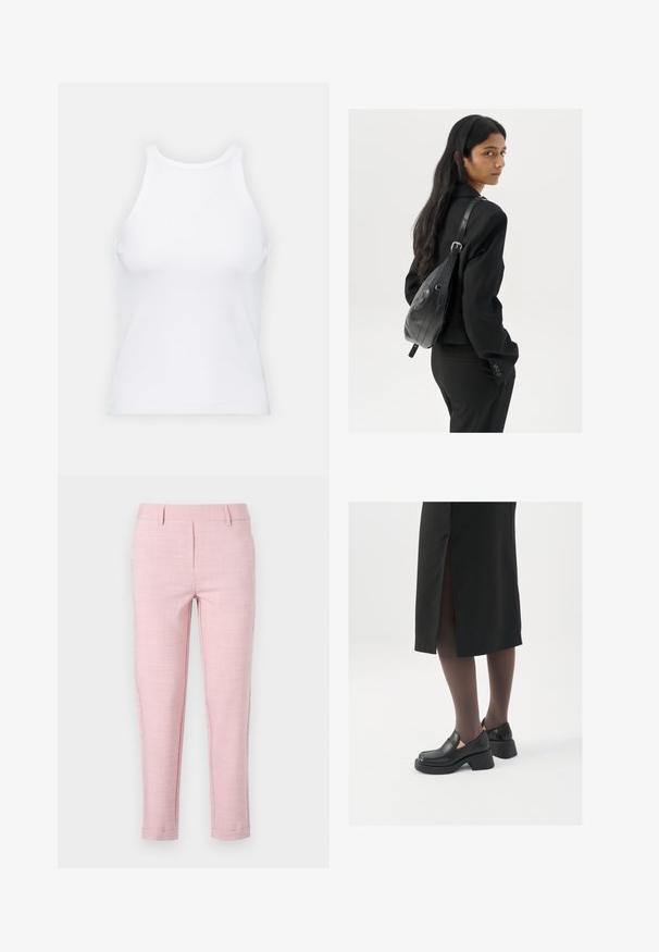 Witte mouwloze tanktop van ribstof, met een ronde halslijn en een aansluitende pasvorm, met minimale naden en zonder versieringen.; Broek in lichtroze, gemaakt van een gestructureerde stof. Rechte snit met een tailleband, plooi aan de voorkant en taps toelopende pijpen. Geen zichtbare zakken.; Zwarte leren schoenen met een ronde neus, dikke blokhak en elastische zijkanten, gecombineerd met donkere panty's en een zwarte rok met een split.; Vrouw met lang donker haar in een zwart pak, met een zwart leren schoudertas, die over haar schouder kijkt tegen een witte achtergrond.