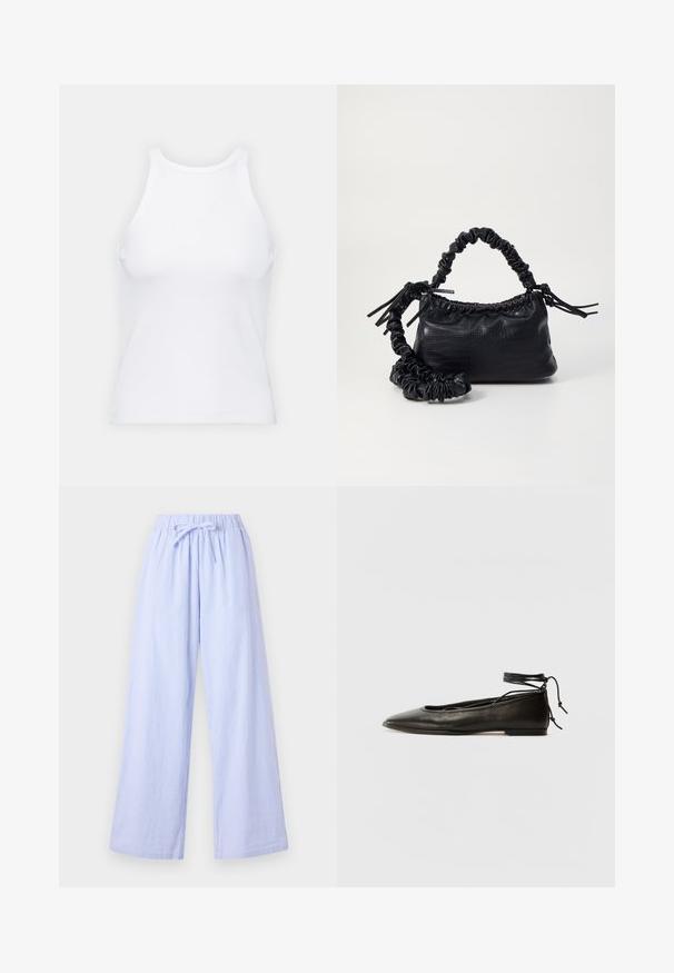Weißes ärmelloses Tanktop aus geripptem Stoff, mit rundem Ausschnitt und figurbetonter Silhouette, minimalen Nähten und ohne Verzierungen.; Hellblaue gestreifte weite Hose mit elastischem Bund und verstellbarem Bindeband. Aus einem weichen Stoff mit vertikalen Streifen für zusätzliche Textur.; Schwarze Leder-Ballerinas mit spitzem Zehenbereich, Knöchelband und flacher Sohle, die eine glatte Textur und ein minimalistisches Design aufweisen.; Schwarze Handtasche aus Kunstleder mit Krokodilstruktur, gerafftem oberen Teil und einem geschoppten Tragegurt. Sie wirkt weich und kompakt im Design.