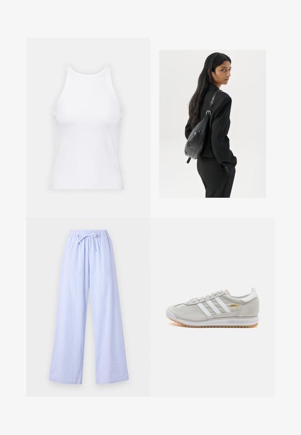 White sleeveless tank top made of ribbed fabric, featuring a rounded neckline and a fitted silhouette, with minimal seams and no embellishments.; Light blue striped wide-leg pants with an elastic waistband and adjustable tie. Features a soft fabric with vertical stripes for texture.; Light grey sneaker made of suede and mesh, featuring three white stripes, round toe, and a gum rubber sole. Gold logo accent near laces.; Woman with long dark hair wearing a black suit, carrying a black leather shoulder bag, looking over her shoulder against a white background.