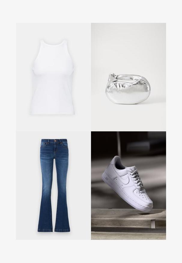 Bijela majica bez rukava napravljena od rebraste tkanine, s okruglim izrezom i uklapajućim siluetom, s minimalnim šavovima i bez ukrasa.; Proširene plave traperice od denima, s srednje visokim strukom, pet džepova i kontrastnom šavovima duž šavova.; Bijela Nike Air Force 1 tenisica lebdi iznad betonske površine s sjenama u minimalističkom okruženju.; Srebrna metalik torbica s mekim, zaobljenim oblikom i čvorastim zatvaranjem na vrhu. Izrađena od glatke sintetičke kože.; Srebrne okrugle naušnice s minimalističkim dizajnom. Kružni oblik, glatka tekstura i tanak profil. Lagane s poliranim završetkom.