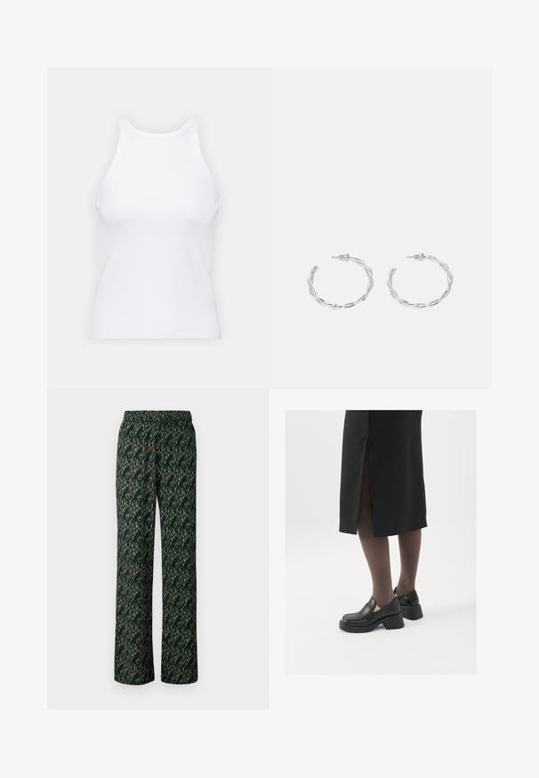 Top senza maniche bianco realizzato in tessuto a coste, caratterizzato da un collo arrotondato e una silhouette aderente, con cuciture minime e senza decorazioni.; Pantaloni a gamba larga in tessuto verde scuro con un motivo intricato e multicolore. Presentano una vita elasticizzata per il massimo comfort.; Scarpe in pelle nera con punta arrotondata, tacco spesso a blocco e accenti laterali in elastico, abbinate a collant scuri e una gonna nera con uno spacco.; Orecchini a cerchio in argento con un design torciglionato, caratterizzati da una finitura lucida e chiusura a perno. Misurano circa 3 cm di diametro.