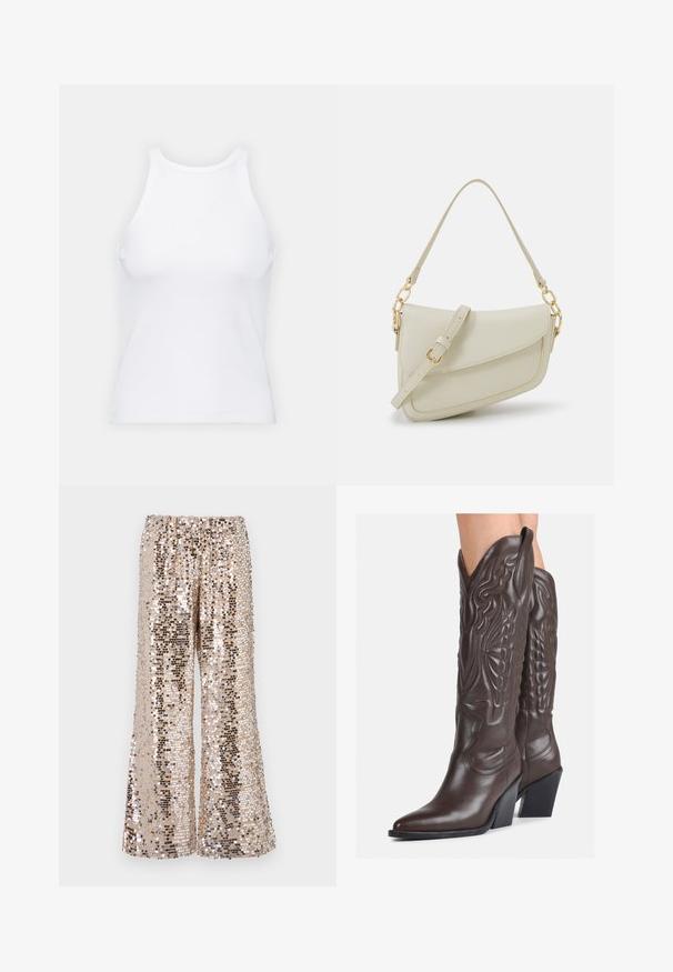 Weißes ärmelloses Tanktop aus geripptem Stoff, mit rundem Ausschnitt und figurbetonter Silhouette, minimalen Nähten und ohne Verzierungen.; Hüftlange Schlaghose mit Pailletten in Gold- und Silbertönen und einem elastischen Bund. Sie zeichnet sich durch eine schimmernde Textur und eine lockere Passform aus.; Braune Leder-Cowboy-Stiefel mit spitzem Punkt und Blockabsatz, die über detaillierte Stickereien und hervorgehobene Akzente am Schaft verfügen.; Kleine cremefarbene Handtasche mit strukturiertem Finish, einem langen verstellbaren Tragegurt, einem Kettenakzent und einem Klappenverschluss. Goldene Hardware-Details.
