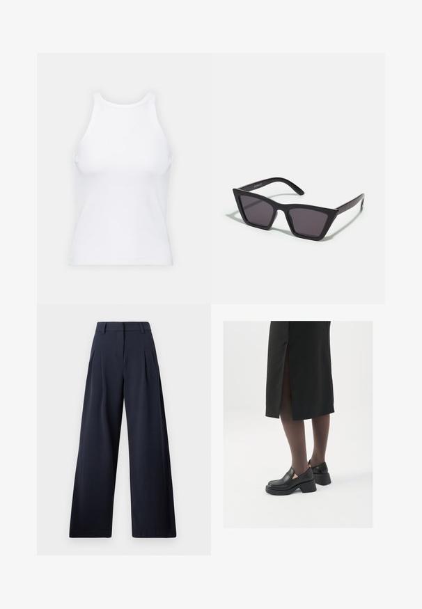 Λευκό μανίκι τοπ χωρίς μανίκια φτιαγμένο από ριμπ ύφασμα, με στρογγυλή λαιμόκοψη και εφαρμοστή σιλουέτα, με ελάχιστες ραφές και χωρίς διακοσμήσεις.; Ναυτικά παντελόνια σε άνετη γραμμή με λεία υφή, διαθέτουν πτυχώσεις μπροστά και κλασική μέση, σχεδιασμένα για άνετη εφαρμογή.; Μαύρα δερμάτινα παπούτσια με στρογγυλή μύτη, χοντρό τετράγωνο τακούνι και ελαστικές πλάγιες λεπτομέρειες, συνδυασμένα με σκούρες καλσόν και μια μαύρη φούστα με σχίσιμο.; Μαύρα, γωνιώδη γυαλιά ηλίου με γκρι φακούς; κατασκευασμένα από πλαστικό, με χοντρές βραχίονες με λεία επιφάνεια και χωρίς ορατό μηχανισμό.