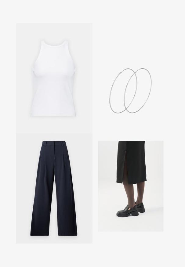 Top de tirantes blanco sin mangas hecho de tela acanalada, con un escote redondeado y una silueta ajustada, con costuras mínimas y sin adornos.; Pantalones de pierna ancha en color azul marino con una textura suave, que presentan pliegues frontales y una cinturilla clásica, diseñados para un ajuste relajado.; Zapatos de piel negra con punta redondeada, tacón grueso y bloque, y acentos elásticos en los laterales, combinados con unos pantys oscuros y una falda negra con una abertura.; Pendientes de aro plateados con un diseño minimalista. Forma circular, textura suave y perfil delgado. Livianos con un acabado pulido.