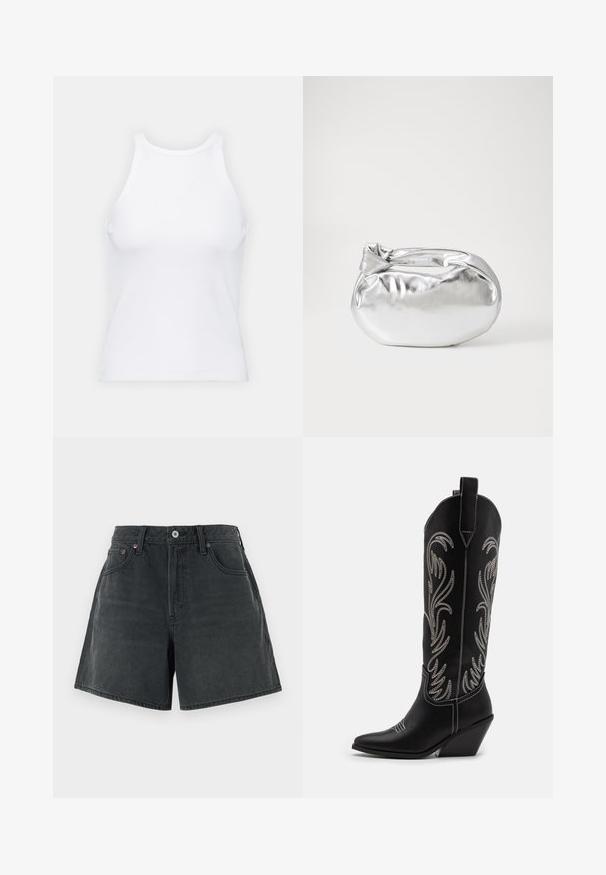 Hvid ærmeløs tanktop lavet af ribbet stof, med en rund halsudskæring og en tætsiddende silhuet, med minimale sømme og ingen pynt.; Denim shorts i mørkegrå med høj talje, klassisk fem-lommers design og en ren, lige pasform med en let falmet tekstur.; Sorte læder cowboystøvler med spidse tæer, kilehæle og sølv broderede blomster mønstre langs skaftet. Kontrast syning overalt.; Sølvmetallic pose med en blød, rund form og en knyttet lukning foroven. Fremstillet af glat faux lædermateriale.