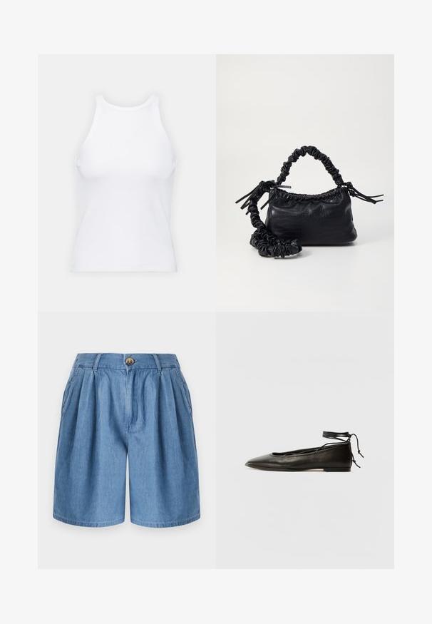 Balta bezpiedurkņu topiņš no ribotā auduma, ar noapaļotu kakla izgriezumu un pieguļošu siluetu, ar minimālām šuvēm un bez rotājumiem.; Zili džinsi šorti ar brīvu piegulšanu, ar pogu aizdari, plisētu priekšpusi un sānu kabatām, pabeigti ar taisnu apakšu.; Melnas ādas baleta kurpes ar smailu purngalu, potītes saitēm un plakanu zoli, kas izceļas ar gludu tekstūru un minimālistisku dizainu.; Melnā mākslīgās ādas rokassoma ar krokodila rakstu, savilkta augšdaļa un saburzīta siksna. Izskatās mīksta un kompakta pēc dizaina.