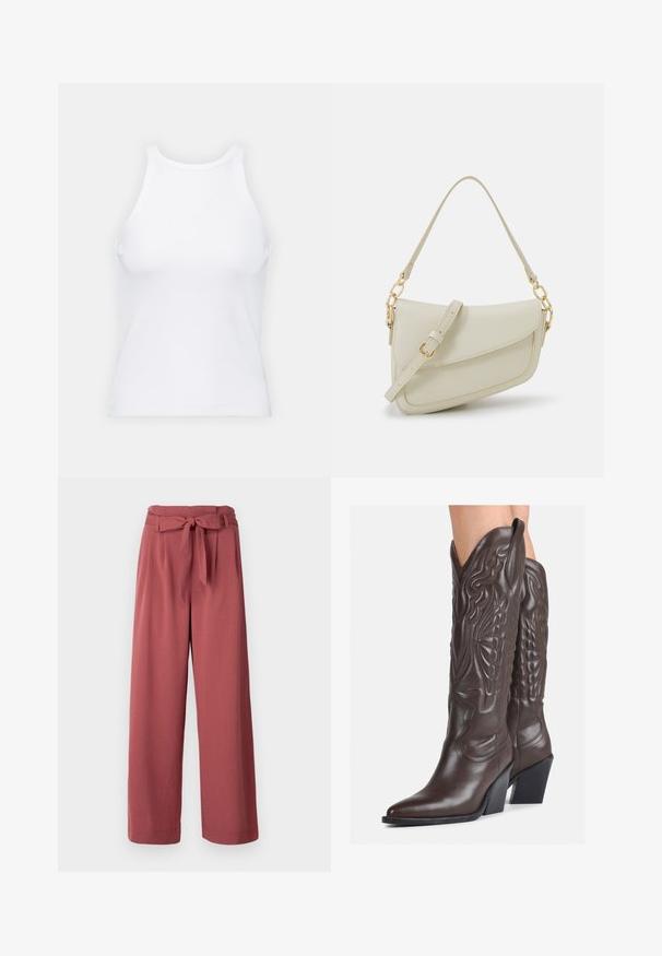 Witte mouwloze tanktop van ribstof, met een ronde halslijn en een aansluitende pasvorm, met minimale naden en zonder versieringen.; Wijd been broek in een stofkleur van stofroze, gemaakt van een zachte stof, met een strikceintuur in de taille en zijzakken.; Bruine leren cowboylaarzen met een spitse neus en blokhak, voorzien van gedetailleerde stiksels en verhoogde accenten op de schacht.; Kleine crèmekleurige handtas met een textuurafwerking, een lange verstelbare schouderband, een kettingaccent en een klepsluiting. Gouden hardware-details.