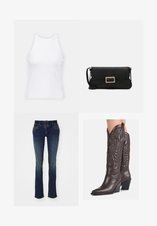 Baltas be rankovių marškinėlis, pagamintas iš išklotinės medžiagos, su apvaliu iškirpimu ir prigludusia siluetu, minimaliais siūlais ir be dekoracijų.; Tamsiai mėlynos džinsai su siauru siluetu, turintys dvigubą sagčių juostą, penkias kišenes ir šiek tiek išblukusią tekstūrą ant šlaunų.; Rudos odinės kaubojaus batai su smailiu priekiu ir blokuotu kulnu, pasižymintys detaliu siuvinėjimu ir iškiliais akcentais ant ašies.; Juodas odinis dėkliukas su atvarteliu ir auksinės metalinės sagties detalėmis. Įeina juodas diržas ir elegantiškas, minimalistinis dizainas.; Aukso spalvos žiedo auskarai, ploni ir apvalūs, su lygiu metaliniu paviršiumi be papuošimų ar raštų.