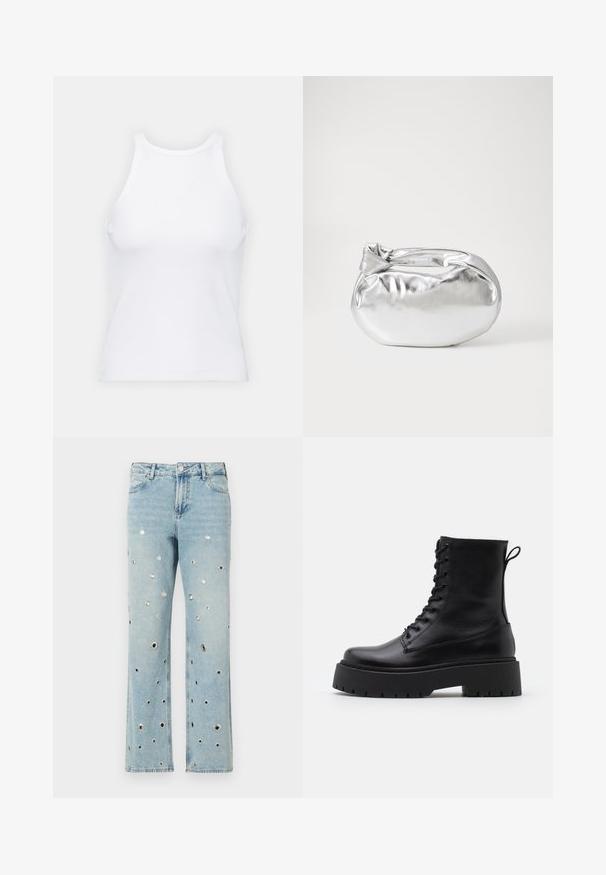 Biela bezrukávová tielko vyrobené z rebrovanej látky, s okrúhlym výstrihom a priliehavým strihom, s minimálnymi švami a bez ozdôb.; Svetlomodré denimové džínsy so širokými nohavicami, s množstvom oblečených kovových okrúhlych priechodkami. Klasický dizajn s piatimi vreckami.; Čierne kožené členkové topánky s okrúhlou špičkou, šnurovaním vpredu a hrubou gumovou podrážkou s textúrovaným vzorom. Sťahovací pútko na zadnej strane.; Strieborná metalická taška s mäkkým, zaobleným tvarom a uzáverom s uzlíkom. Vyrobená z hladkej syntetickej kože.; Strieborné kruhové náušnice s minimalistickým dizajnom. Cirkulárny tvar, hladký povrch a tenký profil. Ľahké s lesklým povrchom.