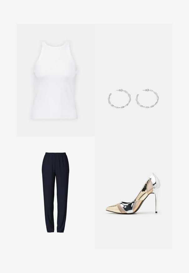 Balta bezpiedurkņu topiņš no ribotā auduma, ar noapaļotu kakla izgriezumu un pieguļošu siluetu, ar minimālām šuvēm un bez rotājumiem.; Tums zila sporta bikses ar elastīgu jostasvietu, sašaurinātu kāju dizainu un gludu tekstūru. Piemērotas ikdienas vai sporta apģērbam.; Apspīlēta augstpapēžu kurpe ar zeltītu, sudrabi un neitrālu krāsu kombināciju. Spīguļojoša virsma ar izgriezuma dizainu, aprīkota ar stiletto papēdi.; Sudraba gredzenveida auskari ar savītu dizainu, kas ir ar pulētu apdari un ar aizmugurēju fiksāciju. Izmērs ir aptuveni 3 cm diametrā.