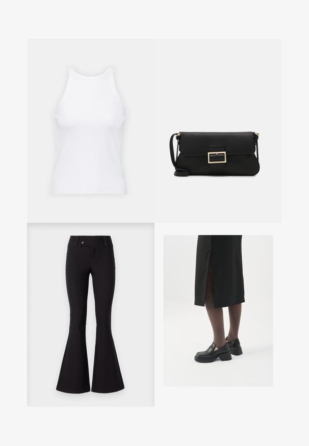 Vit ärmlös linne av ribbat tyg, med rundad halsringning och smal silhuett, med minimala sömmar och utan dekorationer.; Svarta utsvängda byxor gjorda av stretchigt tyg med en slät yta, som har en midje med medelhög höjd och två framknappar.; Svarta läderskor med rund tå, tjock klack utan häl och elastiska sidodetaljer, kombinerat med mörka strumpbyxor och en svart kjol med slits.; Svart läderkuvertväska med en klaff och detalj i guldmetallspänne. Innehåller en svart rem och en elegant, minimalistisk design.; Silverfärgade hoopörhängen med en minimalistisk design. Cirkulär form, slät yta och tunn profil. Lätta med en polerad finish.