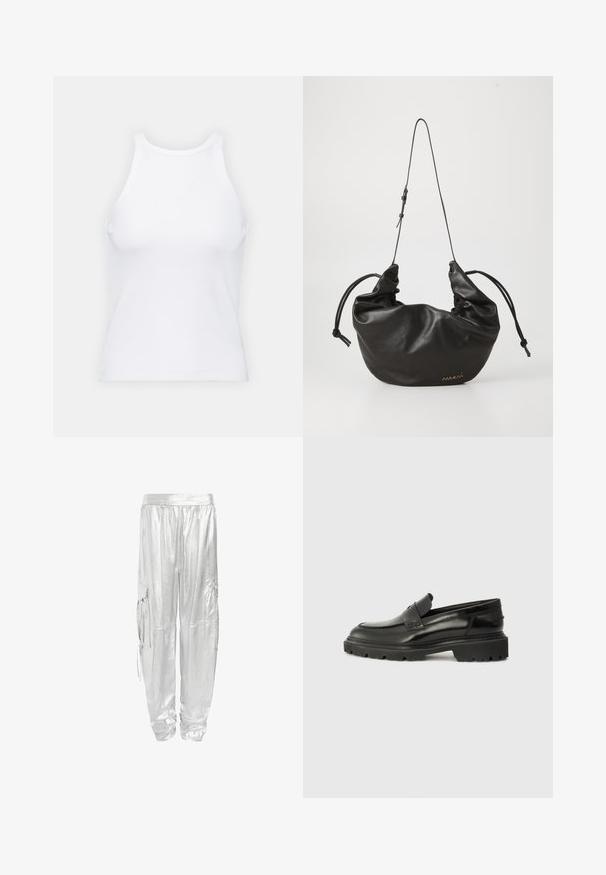 Baltas be rankovių marškinėlis, pagamintas iš išklotinės medžiagos, su apvaliu iškirpimu ir prigludusia siluetu, minimaliais siūlais ir be dekoracijų.; Sidabriniai cargo kelnės su blizgia, metaline danga. Sukurtos su elastinga juosmens juosta ir dviem šoninėmis kišenėmis funkcionalumui.; Juoda oda, slip-on tipo batai su apvaliu kojų pirštų dizainu, storu tekstūruotu padu ir subtiliomis siūlėmis. Yra mažas logotipas ant nugaros.; Juodas minkštas odinis peties krepšys su reguliuojama plona juosta, surinktomis šoninėmis, surištomis mazgais, ir mažas auksinis logotipas dešiniajame apatinio kampe.