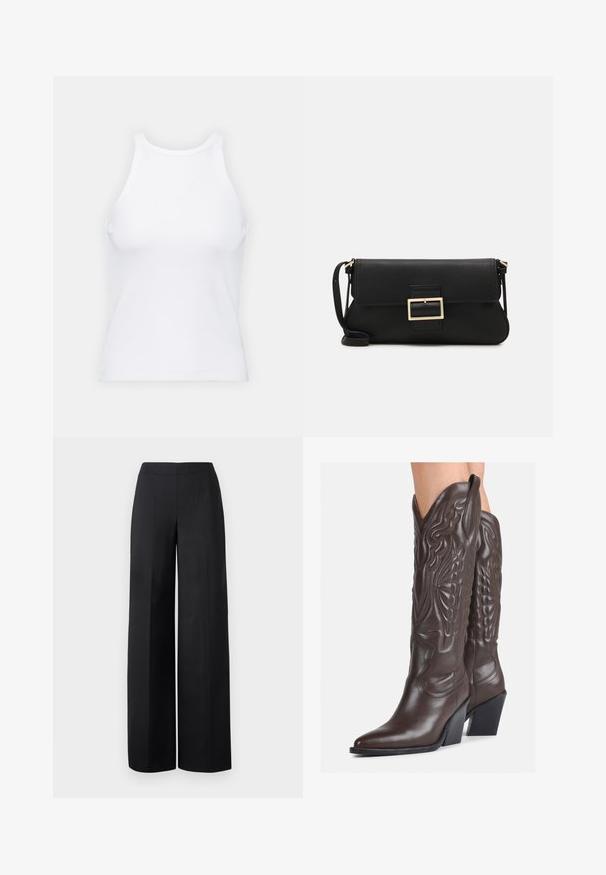 Bela brezrokavna majica iz rebraste tkanine, z zaobljenim izrezom in prilegajočim silhueto, z minimalnimi šivi in brez okraskov.; Črne široke hlače iz gladkega materiala. Imajo visok pas in čiste, ravne linije brez vidnih žepov ali okraskov.; Rjave usnjene kavbojske čevlje z ostrim nosom in blok peto, ki vsebujejo podrobno šivanje in dvignjene dodatke na zgornjem delu.; Črna usnjena torbica na preklop z zlato kovinsko zaponko. Vključuje črn trak in eleganten, minimalističen dizajn.