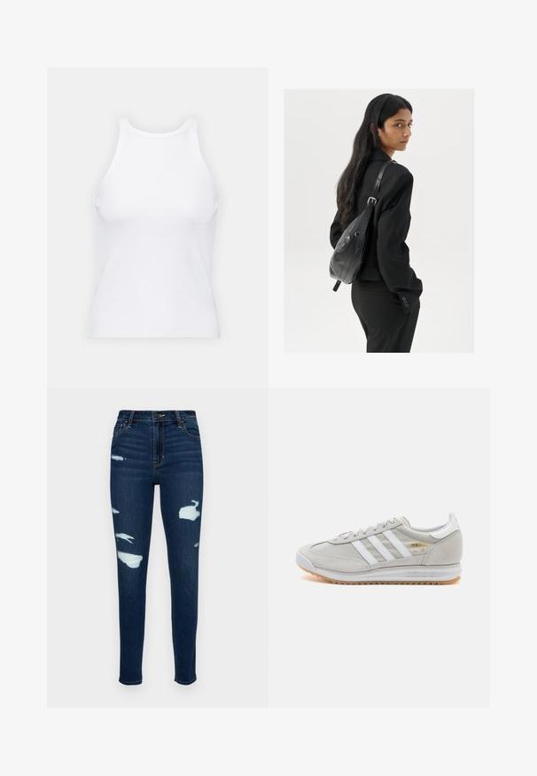 Fehér ujjatlan trikó ribbed anyagból, lekerekített nyakkivágással és testhez simuló siluettel, minimális varrásokkal és díszítések nélkül.; Sötétkék skinny farmernadrág, kopott foltokkal és rojtos részletekkel. Klasszikus, öt zsebes kialakítás, cipzáros záródással.; Világosszürke sportcipő velúr és hálós anyagból, három fehér csíkkal, kerek orral és gumi talppal. Arany logó dísz a fűzők közelében.; Hosszú, sötét hajú nő fekete öltönyben, fekete bőrtáskával a vállán, a vállán át néz a fehér háttér előtt.