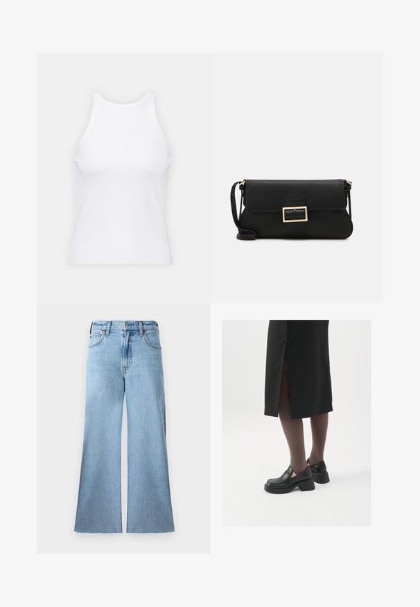 Fehér ujjatlan trikó ribbed anyagból, lekerekített nyakkivágással és testhez simuló siluettel, minimális varrásokkal és díszítések nélkül.; Világoskék, bő szárú farmernadrág texturált felülettel. Közepes derékpánttal és nyers végű díszítéssel rendelkezik.; Fekete bőr cipők lekerekített orral, vastag blokk sarkakkal és elasztikus oldalsó díszítésekkel, sötét harisnyával és hasítékkal ellátott fekete szoknyával párosítva.; Fekete bőr kézitáska hajtóka részlettel és aranyszínű fém csattal. Tartalmaz egy fekete pántot és egy letisztult, minimális dizájnt.