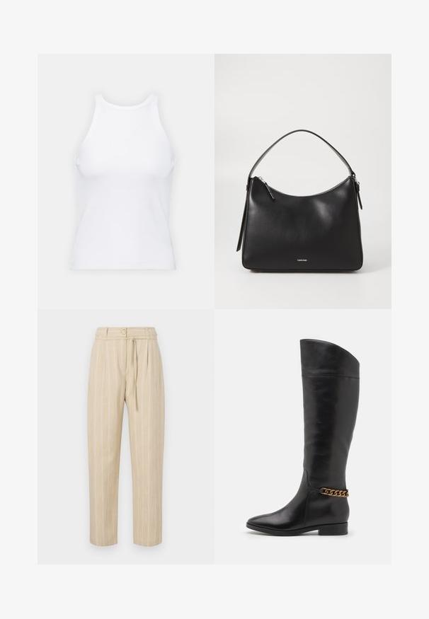 Biała bezrękawnikowa koszulka wykonana z prążkowanej tkaniny, z okrągłym dekoltem i dopasowanym krojem, o minimalnych szwach i bez ozdób.; Beżowe spodnie w paski o luźnym kroju, z wciągniętą talią, zapięciem na guzik i paskiem do wiązania, wykonane z lekkiego materiału.; Wysokie czarne skórzane botki o eleganckim designie, ze spiczastym noskiem i złotym łańcuszkiem na kostce. Niski blokowy obcas. Gładka tekstura.; Czarna skórzana torba na ramię o gładkiej fakturze, zaokrąglonej górze, z suwakiem oraz subtelnym logo z przodu. Posiada jedną płaską rączkę.