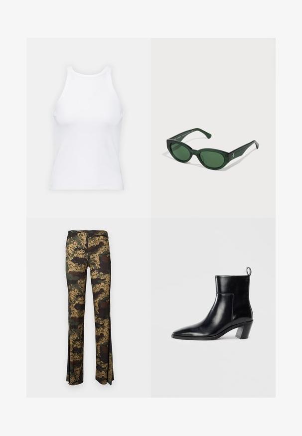 Fehér ujjatlan trikó ribbed anyagból, lekerekített nyakkivágással és testhez simuló siluettel, minimális varrásokkal és díszítések nélkül.; Zöld és barna árnyalatú, rugalmas szövetből készült kamuflázs nadrág, oldalsó résekkel az alján, amelyek további részleteket és mozgást biztosítanak.; Fekete bőr bokacsizma hegyes orral, geometrikus, rétegelt sarokkal és hátsó húzófüllel. Sima textúra és kifinomult dizájn.; Zöld napszemüveg fényes felülettel, téglalap alakú kerettel és sötétzöld lencsékkel. Az oldalán egy diszkrét logó található a szárán.; Fekete bőrtáska arany macska alakú fogantyúval, elülső fedéllel, állítható pánttal és logó részlettel az alsó részen.