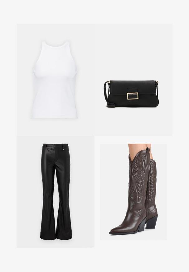 White sleeveless tank top made of ribbed fabric, featuring a rounded neckline and a fitted silhouette, with minimal seams and no embellishments.; Black flared pants made of smooth, glossy faux leather with a fitted waist and belt loops. Features minimalist design and clean lines.; Brown leather cowboy boots with pointed toe and block heel, featuring detailed stitching and raised accents on the shaft.; Black leather clutch bag with a flap and a gold metal buckle detail. Includes a black strap and a sleek, minimalist design.; Silver hoop earrings with a twisted design, featuring a polished finish and post-back closure. Measure approximately 3 cm in diameter.