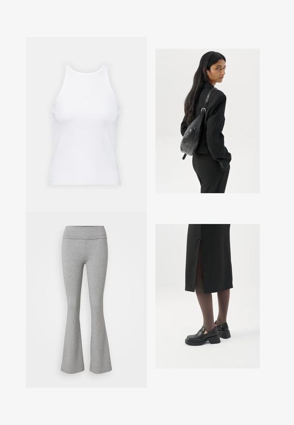 Hvit ermeløs tanktop laget av ribbet stoff, med rund hals og en tettsittende silhuett, med minimale sømmer og ingen dekorasjoner.; Grå vide leggings laget av myk bomullsblandingsstoff. Har en bred midjebånd og jevn tekstur, noe som gir en avslappet passform.; Sorte lærersko med rund tå, tykk blokkheel og elastiske sideaksenter, sammen med mørke strømpebukser og et svart skjørt med splitt.; Kvinne med langt mørkt hår iført et svart jakkesett, som bærer en svart skinn skulderveske, og ser over skulderen mot en hvit bakgrunn.