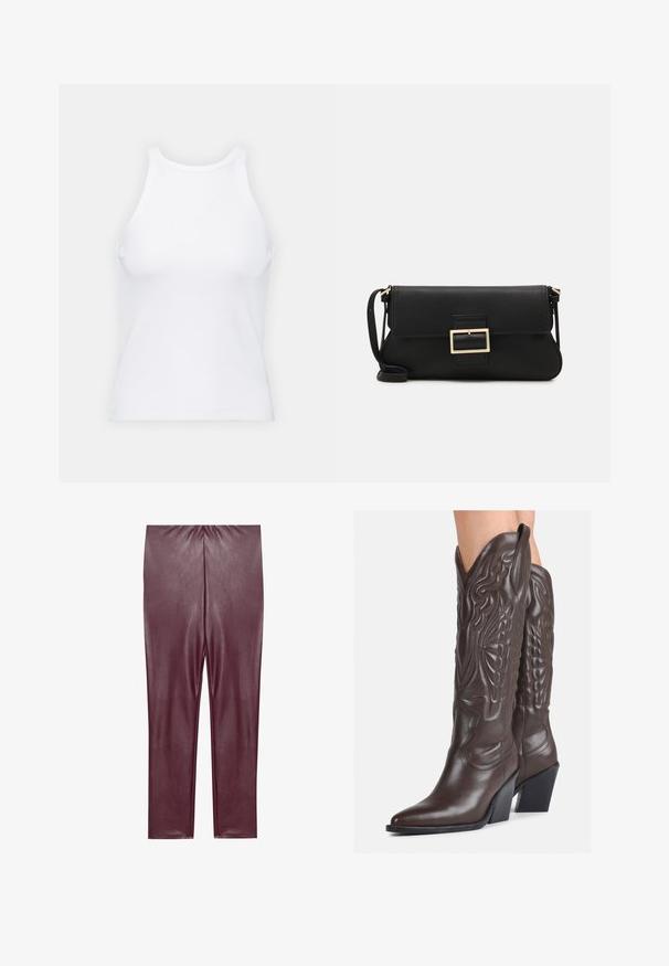 Baltas be rankovių marškinėlis, pagamintas iš išklotinės medžiagos, su apvaliu iškirpimu ir prigludusia siluetu, minimaliais siūlais ir be dekoracijų.; Bordo spalvos dirbtinės odos legginsai su lygiu paviršiumi, aukštu juosmeniu ir prigludusia forma, siekiantys kulkšnis be papildomų detalių.; Rudos odinės kaubojaus batai su smailiu priekiu ir blokuotu kulnu, pasižymintys detaliu siuvinėjimu ir iškiliais akcentais ant ašies.; Juodas odinis dėkliukas su atvarteliu ir auksinės metalinės sagties detalėmis. Įeina juodas diržas ir elegantiškas, minimalistinis dizainas.; Sidabriniai auskarai žiedai su sukto dizaino, turintys poliruotą apdailą ir fiksavimo smeigtuką. Skersmuo maždaug 3 cm.