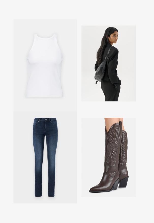 Balta bezpiedurkņu topiņš no ribotā auduma, ar noapaļotu kakla izgriezumu un pieguļošu siluetu, ar minimālām šuvēm un bez rotājumiem.; Tumši zili skinny džinsi, izgatavoti no denima, ar klasisku piecu kabatu dizainu, pogu aizdari un nelielu izbalējumu uz augšstilbiem.; Brūni ādas kovboju zābaki ar norādītu purngalu un blokveida papēdi, ar detalizētu šūšanu un paceltiem akcentiem uz kājas daļas.; Sieviete ar garām tumšām matiem, ģērbusies melnā uzvalkā, nēsā melnu ādas plecu somu un skatās pāri plecam uz balta fona.