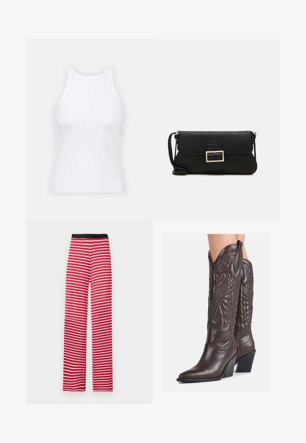Débardeur blanc sans manches en tissu côtelé, doté d'un col rond et d'une silhouette ajustée, avec des coutures minimales et sans ornements.; Pantalons ample rayés rouges et blancs avec une ceinture élastique noire, fabriqués en tissu doux, présentant des rayures horizontales uniformes.; Bottes de cowboy en cuir marron avec un bout pointu et un talon bloc, présentant des coutures détaillées et des accents en relief sur la tige.; Pochette en cuir noir avec un rabat et un détail en boucle en métal doré. Inclut une sangle noire et un design épuré et minimaliste.; Boucles d'oreilles en argent en forme de créoles avec un design torsadé, dotées d'une finition polie et d'une fermeture à poussoir. Mesurent environ 3 cm de diamètre.