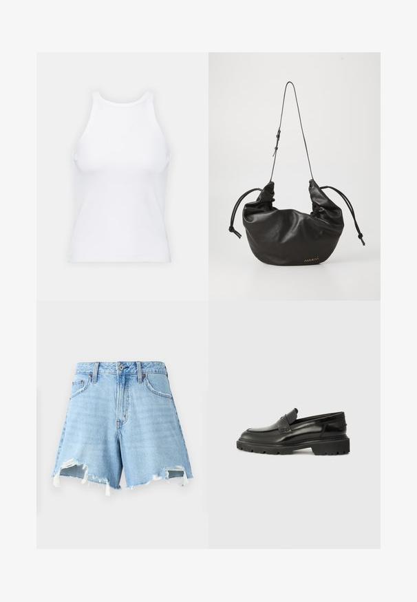 Bela brezrokavna majica iz rebraste tkanine, z zaobljenim izrezom in prilegajočim silhueto, z minimalnimi šivi in brez okraskov.; Svetlo modri jeans kratki hlače z visokim pasom, raztrganimi robovi in dvema sprednjima žepoma. Uničen videz z bledimi mestnimi in surovimi robovi.; Črne usnjene čeveljce brez vezalk z zaobljenim nosom, debelim teksturiranim podplatom in subtilnim šivom. Na zadnjem delu je majhna oznaka.; Črna mehka usnjena torba za ramo z nastavljivim tankim trakom, nabranimi stranicami, ki so zavezane v vozle, in majhnim zlatim logotipom na prednjem dnu desno.