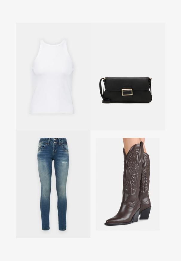 Top de tirantes blanco sin mangas hecho de tela acanalada, con un escote redondeado y una silueta ajustada, con costuras mínimas y sin adornos.; LTB JULITA - Vaqueros pitillo - talie wash; Botas de vaquero de cuero marrón con punta afilada y tacón cuadrado, que presentan costuras detalladas y acentos elevados en el caño.; Bolso de mano de cuero negro con una solapa y un detalle de hebilla de metal dorado. Incluye una correa negra y un diseño elegante y minimalista.; Pendientes de aro de plata con diseño retorcido, que presentan un acabado pulido y cierre de presión. Miden aproximadamente 3 cm de diámetro.