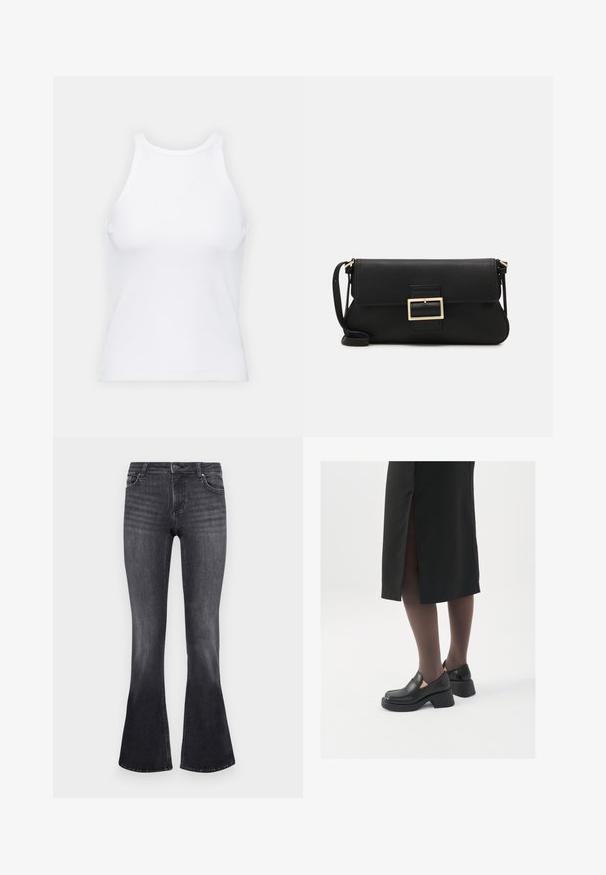 White sleeveless tank top made of ribbed fabric, featuring a rounded neckline and a fitted silhouette, with minimal seams and no embellishments.; Flared jeans in dark gray denim with a faded finish. Features a standard five-pocket design and metal button closure at the waist.; Black leather shoes with a rounded toe, thick block heel, and elastic side accents, paired with dark tights and a black skirt with a slit.; Black leather clutch bag with a flap and a gold metal buckle detail. Includes a black strap and a sleek, minimalist design.