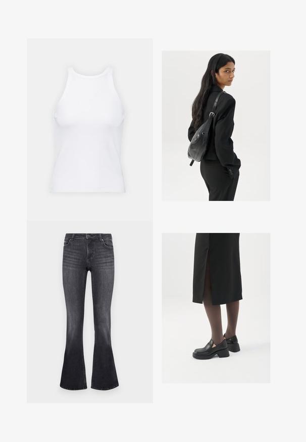 Top senza maniche bianco realizzato in tessuto a coste, caratterizzato da un collo arrotondato e una silhouette aderente, con cuciture minime e senza decorazioni.; Jeans a zampa d'elefante in denim grigio scuro con una finitura sbiadita. Presentano un classico design a cinque tasche e una chiusura con bottone in metallo in vita.; Scarpe in pelle nera con punta arrotondata, tacco spesso a blocco e accenti laterali in elastico, abbinate a collant scuri e una gonna nera con uno spacco.; Donna con lunghi capelli scuri, vestita con un completo nero, che porta una borsa a tracolla in pelle nera, mentre guarda oltre la spalla su uno sfondo bianco.