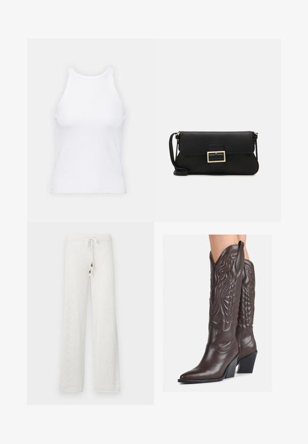Witte mouwloze tanktop van ribstof, met een ronde halslijn en een aansluitende pasvorm, met minimale naden en zonder versieringen.; Witte gebreide loungebroeken met een textuurpatroon, voorzien van een tailleband met trekkoord en twee decoratieve knopen aan de voorkant.; Bruine leren cowboylaarzen met een spitse neus en blokhak, voorzien van gedetailleerde stiksels en verhoogde accenten op de schacht.; Zwarte leren clutch met een klep en een gouden metalen sluiting. Inclusief een zwarte schouderband en een slank, minimalistisch ontwerp.