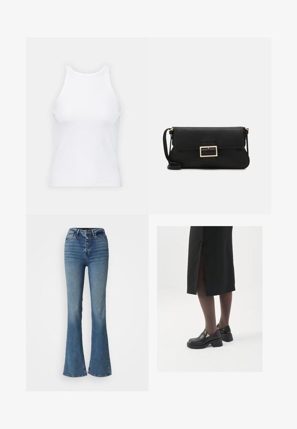 Balta bezpiedurkņu topiņš no ribotā auduma, ar noapaļotu kakla izgriezumu un pieguļošu siluetu, ar minimālām šuvēm un bez rotājumiem.; Augsti jostas zili plati džinsi, kas izgatavoti no denima, ar piecu pogu spiedpogām, izbalēšanas detaļām un cieši pieguļošu siluetu ap augšstilbiem.; Melni ādas apavi ar noapaļotu purngalu, biezām bloku papēžiem un elastīgiem sānu akcentiem, apvienoti ar tumšām zeķubiksēm un melnu svārku ar šķirbu.; Melnas ādas saķeres soma ar atloku un zelta metāla sprādzi. Ietver melnu siksnu un elegantu, minimālistisku dizainu.