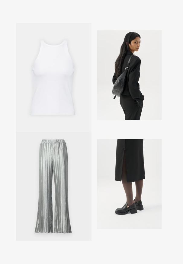 White sleeveless tank top made of ribbed fabric, featuring a rounded neckline and a fitted silhouette, with minimal seams and no embellishments.; Metallic silver pleated wide-leg pants with an elastic waistband and a flowing design, featuring vertical ribbed texture throughout.; Black leather shoes with a rounded toe, thick block heel, and elastic side accents, paired with dark tights and a black skirt with a slit.; Woman with long dark hair wearing a black suit, carrying a black leather shoulder bag, looking over her shoulder against a white background.