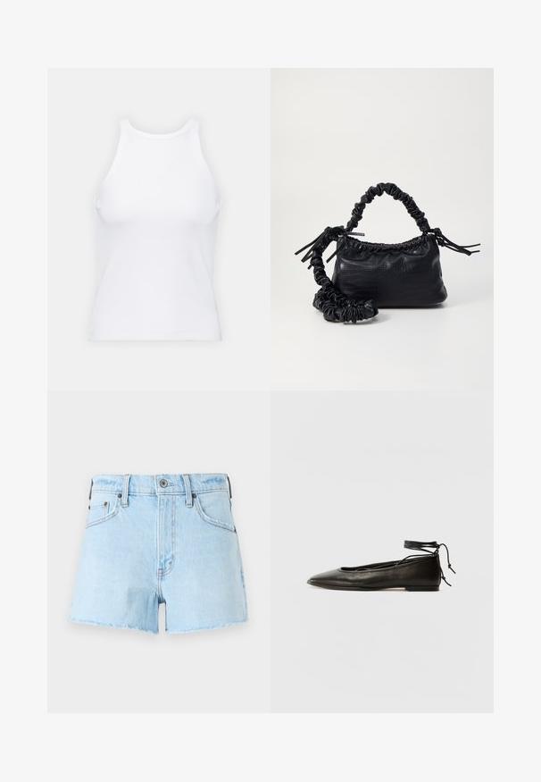 Top senza maniche bianco realizzato in tessuto a coste, caratterizzato da un collo arrotondato e una silhouette aderente, con cuciture minime e senza decorazioni.; Shorts in denim azzurro chiaro con orlo sfilacciato, dotati di cinque tasche, chiusura con bottone e dettagli cuciti lungo le cuciture.; Ballerine in pelle nera con punta affusolata, laccio alla caviglia e suola piatta, caratterizzate da una texture liscia e un design minimalista.; Borsa a tracolla in ecopelle nera con texture a coccodrillo, apertura cinchata e tracolla arricciata. Si presenta con un design morbido e compatto.