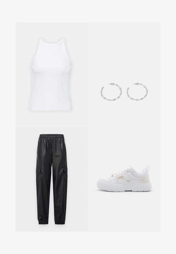 Biała bezrękawnikowa koszulka wykonana z prążkowanej tkaniny, z okrągłym dekoltem i dopasowanym krojem, o minimalnych szwach i bez ozdób.; Czarne cargo wykonane z sztucznej skóry, z elastycznym pasem, elastycznymi mankietami i dwoma bocznymi kieszeniami. Gładka tekstura i luźny krój.; Białe sneakersy o masywnej konstrukcji, wykonane z materiałów skórzanych i syntetycznych, z teksturowanymi detalami, sznurowadłami oraz wyraźnym logo w kolorze złotym.; Srebrne kolczyki w kształcie obręczy z skręconym wzorem, z polerowanym wykończeniem i zapięciem na sztyft. Mają średnicę około 3 cm.